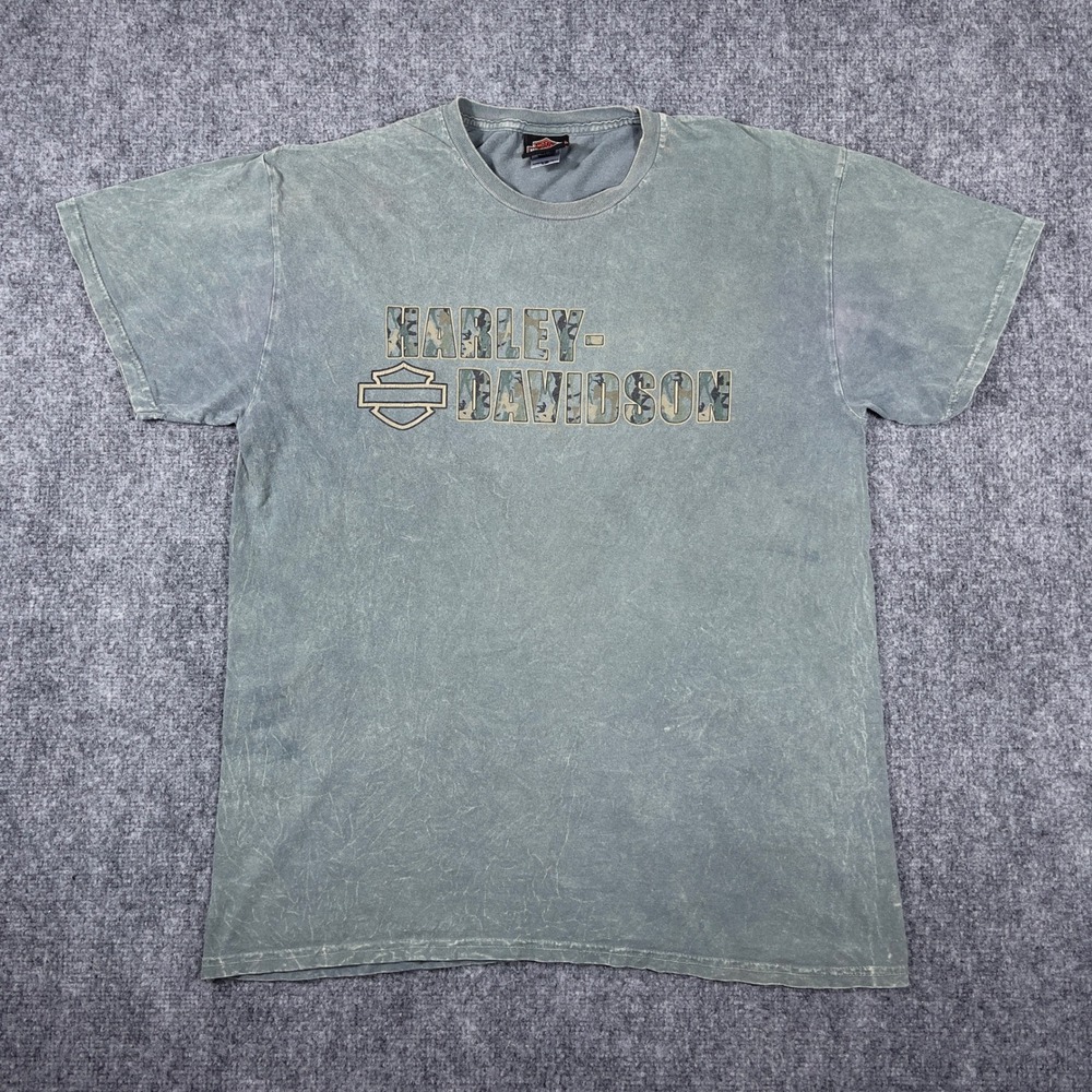 Y2K Harley-Davidson Camo Graphic Tee Mens Large Green Acid Wash